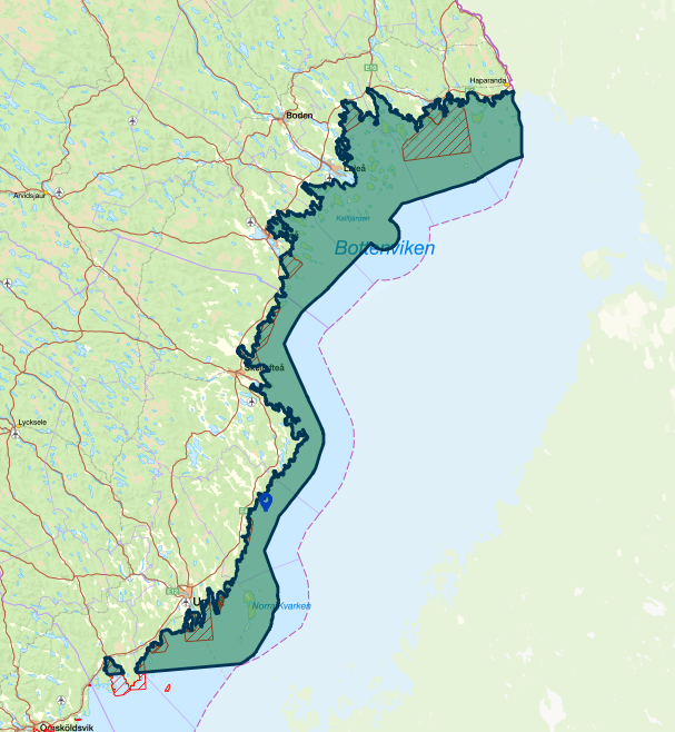 Karta över Bottenviken mellan Sverige och Finland. I östersjön är delområde 31 markerat i grönt med svarta konturer.