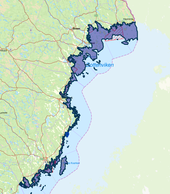 Karta över Västerbotten och Norrbottens län längst med Östersjön. Ett område längst med kusten är markerat i lila färg.
